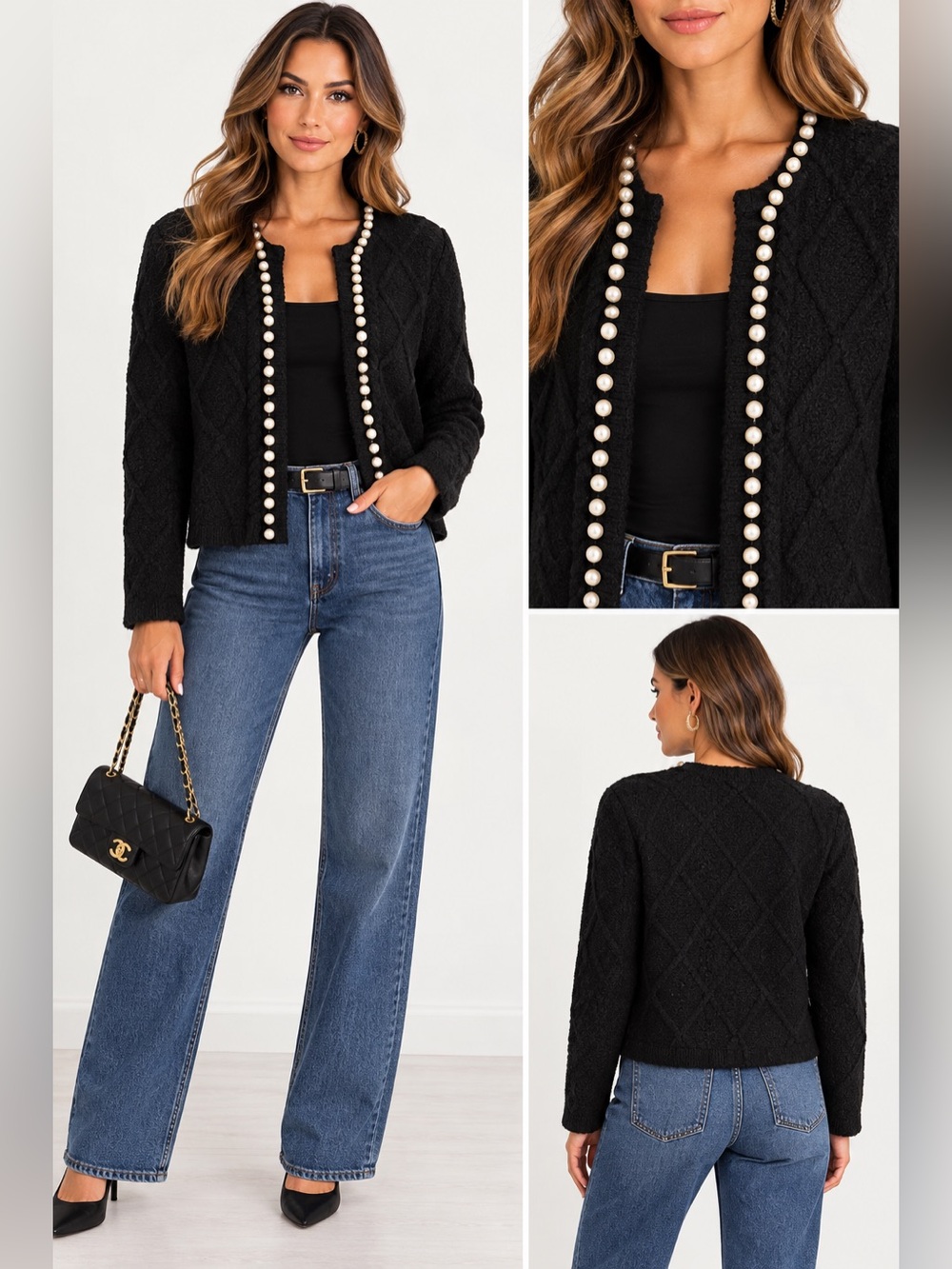 Hyacinth House Black Pearl-Trim Knit Cardigan Sweater - Women